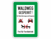 Waldweg gesperrt! Symbole, Text, grüner Rahmen