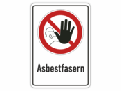 Symbol Betreten verboten, Text Asbestfasern, rot schwarz